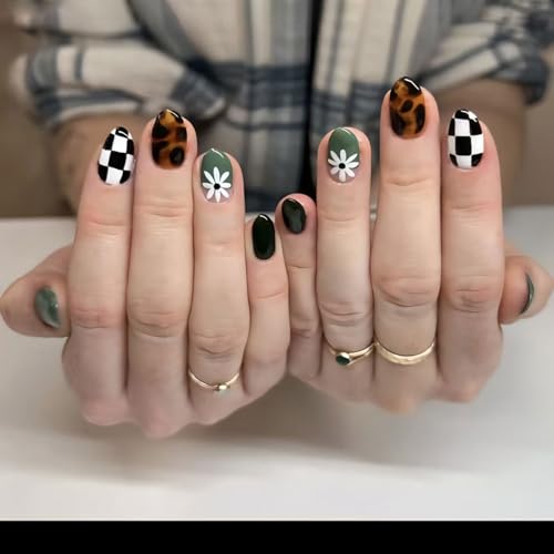 Western Press on Nails Medium Oval Fake Nails Tortoiseshell False Nails Press ons with Flo