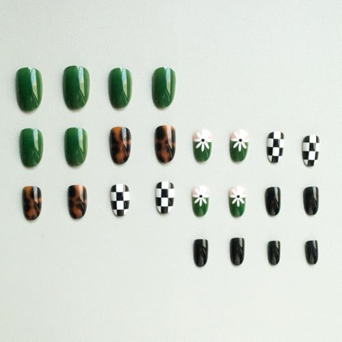 Western Press on Nails Medium Oval Fake Nails Tortoiseshell False Nails Press ons with Flo