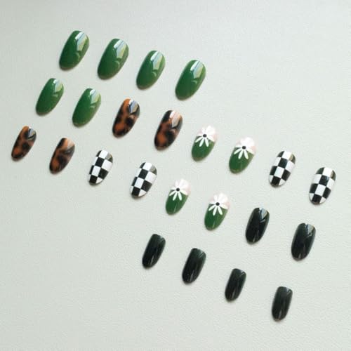 Western Press on Nails Medium Oval Fake Nails Tortoiseshell False Nails Press ons with Flo