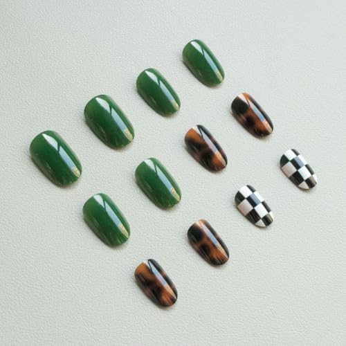 Western Press on Nails Medium Oval Fake Nails Tortoiseshell False Nails Press ons with Flo