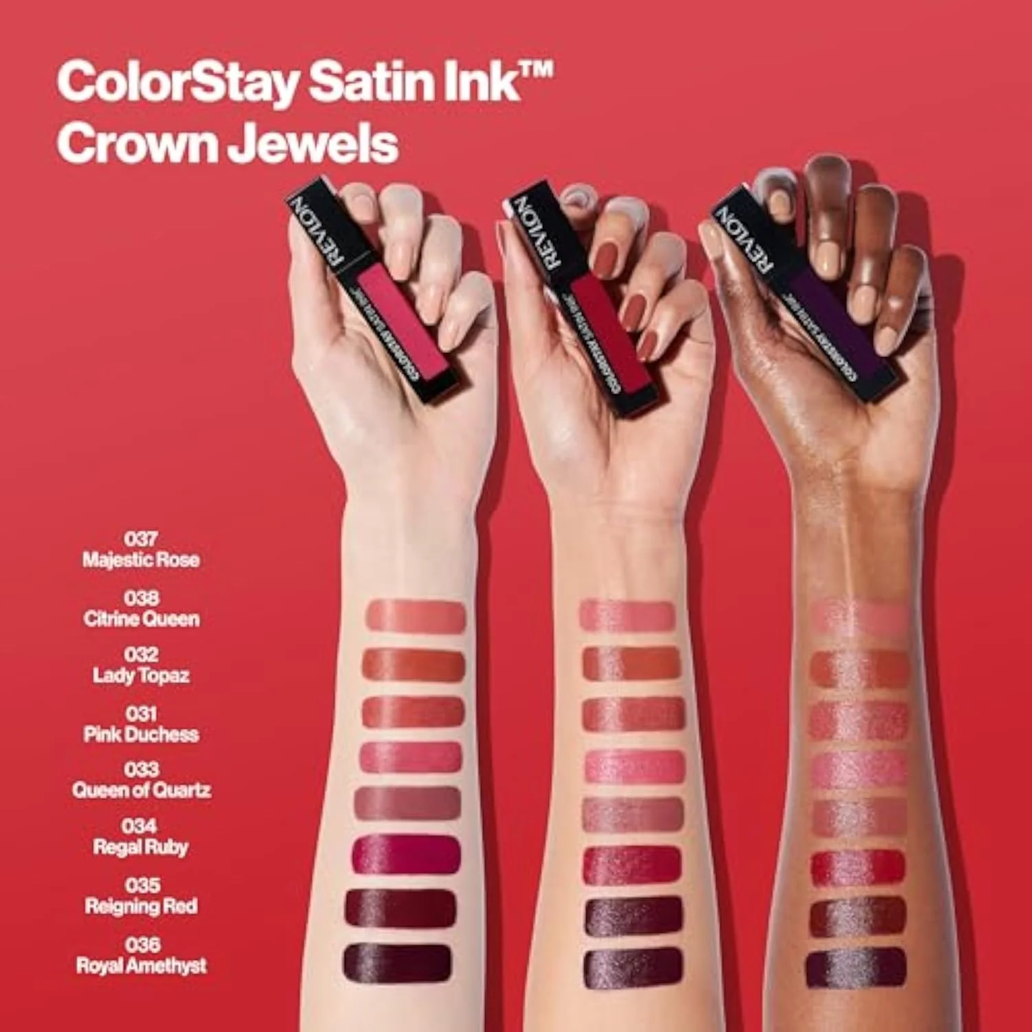 ColorStay Satin Ink Crown Jewels Liquid Lipstick, Longlasting & Waterproof Lipcolor, Moisturizing Creamy Formula Infused with Black Currant Seed Oil, 035 Reigning Red, 0.17