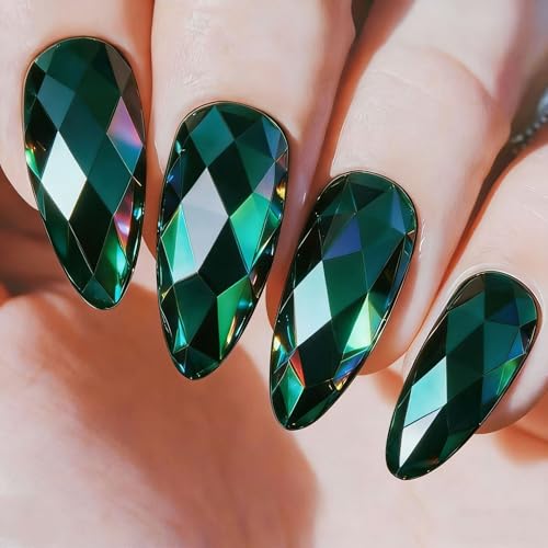 Electroplated Green Press on Nails SHIQIXIANNV Almond Fake Nails Dark Green 3D Geometric M
