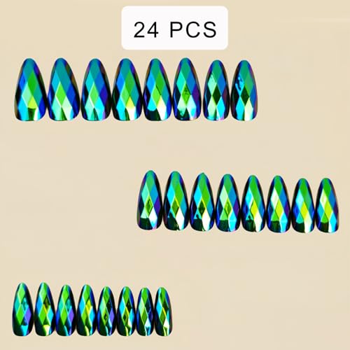 Electroplated Green Press on Nails SHIQIXIANNV Almond Fake Nails Dark Green 3D Geometric M