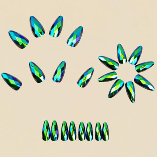 Electroplated Green Press on Nails SHIQIXIANNV Almond Fake Nails Dark Green 3D Geometric M