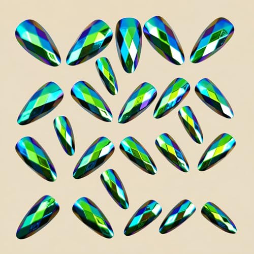 Electroplated Green Press on Nails SHIQIXIANNV Almond Fake Nails Dark Green 3D Geometric M