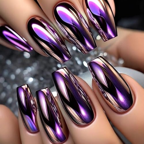 Rose Purple Chrome Press on Nails SHIQIXIANNV Medium Square Fake Nails Metallic Mirror Fal