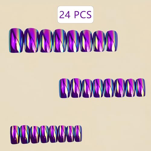 Rose Purple Chrome Press on Nails SHIQIXIANNV Medium Square Fake Nails Metallic Mirror Fal