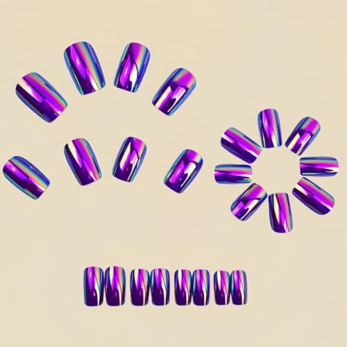 Rose Purple Chrome Press on Nails SHIQIXIANNV Medium Square Fake Nails Metallic Mirror Fal