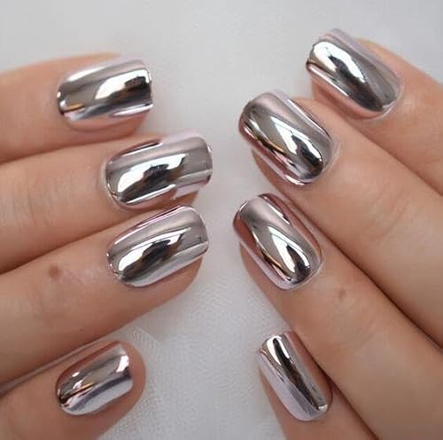 Silver Chrome Press on Nails SHIQIXIANNV Medium Square Fake Nails Metallic Mirror False Na