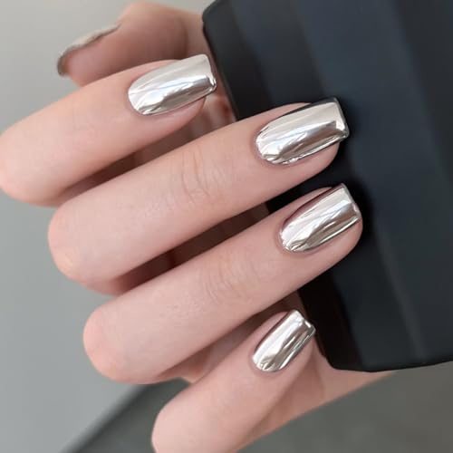 Silver Chrome Press on Nails SHIQIXIANNV Medium Square Fake Nails Metallic Mirror False Na
