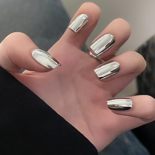 Silver Chrome Press on Nails SHIQIXIANNV Medium Square Fake Nails Metallic Mirror False Na