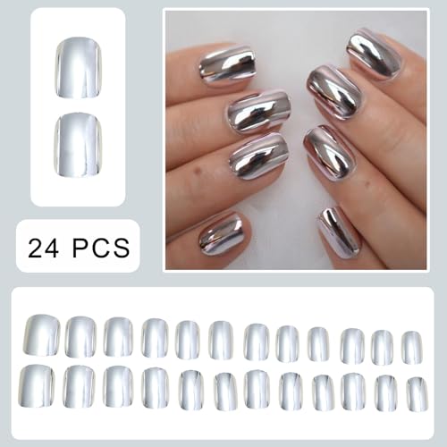 Silver Chrome Press on Nails SHIQIXIANNV Medium Square Fake Nails Metallic Mirror False Na