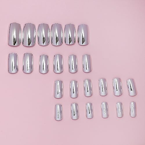 Silver Chrome Press on Nails SHIQIXIANNV Medium Square Fake Nails Metallic Mirror False Na