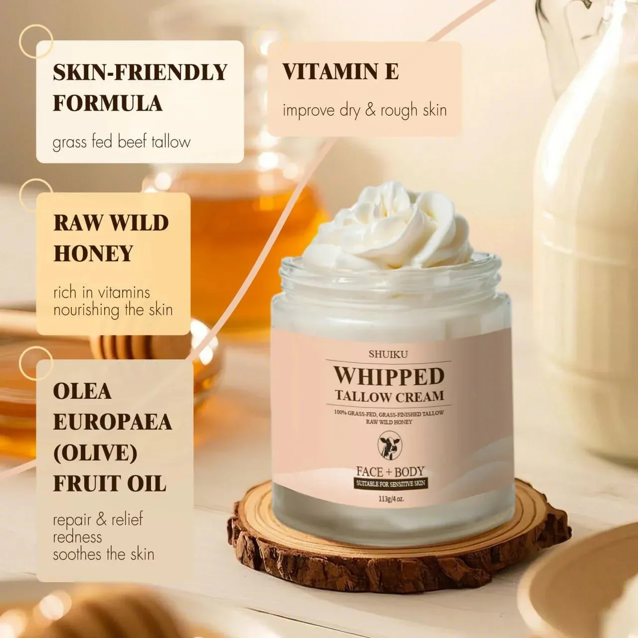 Beef Tallow for Skin with Honey Balm Moisturizer