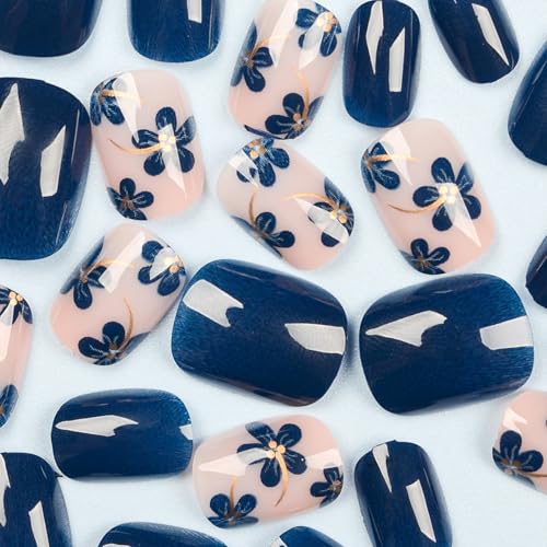 Blue Flower Press On Nails Short Oval Fake Nails Glossy Nails For Women