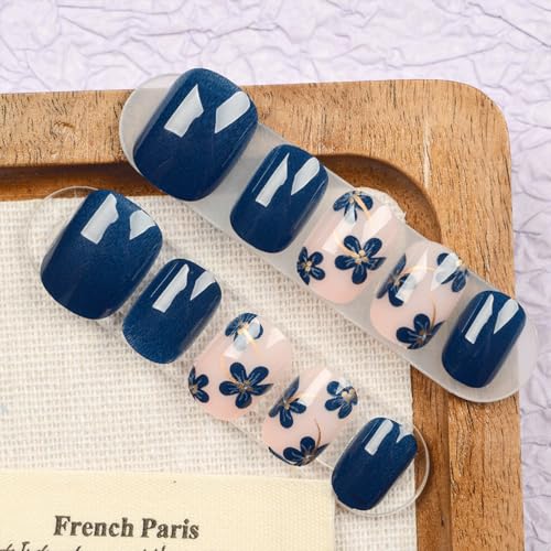 Blue Flower Press On Nails Short Oval Fake Nails Glossy Nails For Women