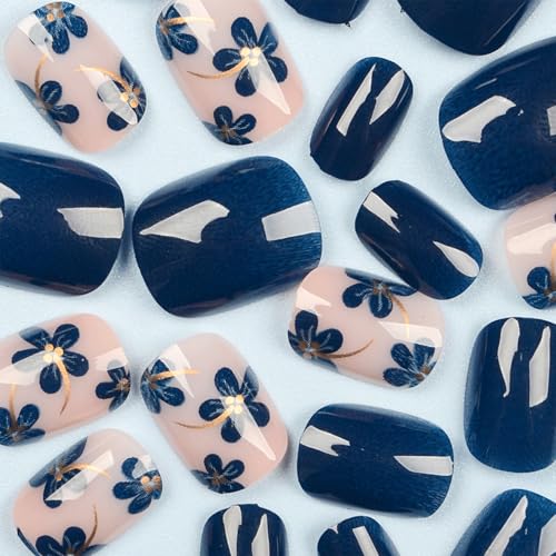 Blue Flower Press On Nails Short Oval Fake Nails Glossy Nails For Women