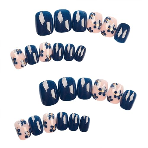 Blue Flower Press On Nails Short Oval Fake Nails Glossy Nails For Women