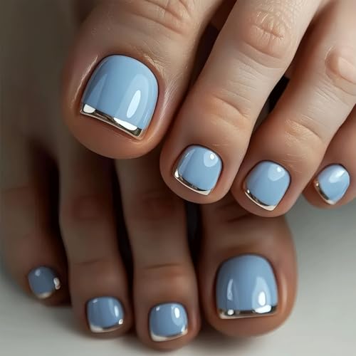 Light Blue Press On Toenails Silver French Tip Toe Nail Press On Glossy Solid Color Toe Pr