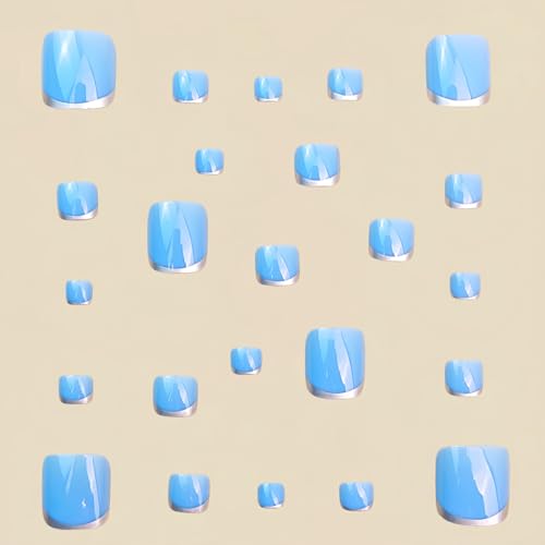 Light Blue Press On Toenails Silver French Tip Toe Nail Press On Glossy Solid Color Toe Pr