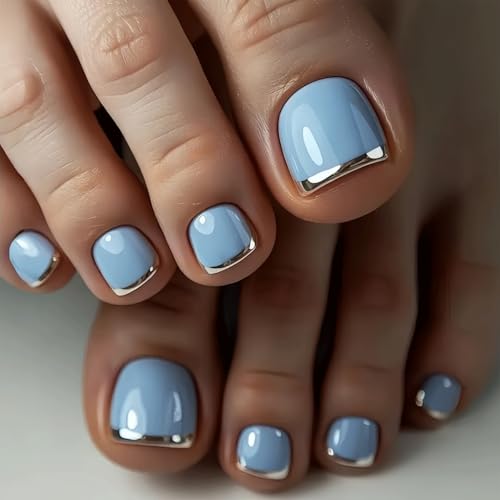 Light Blue Press On Toenails Silver French Tip Toe Nail Press On Glossy Solid Color Toe Pr