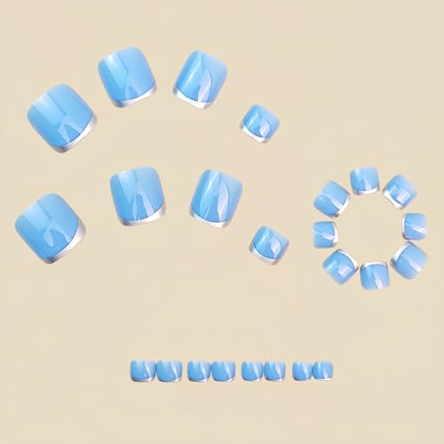Light Blue Press On Toenails Silver French Tip Toe Nail Press On Glossy Solid Color Toe Pr