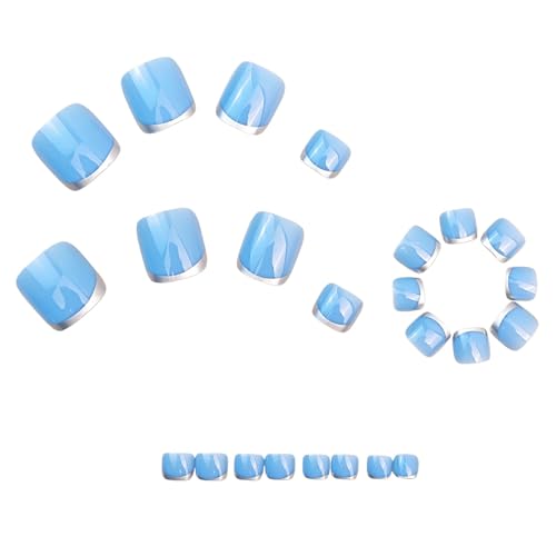 Light Blue Press On Toenails Silver French Tip Toe Nail Press On Glossy Solid Color Toe Pr