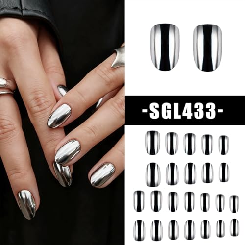 Silver Chrome Press On Nails Short Almond Fake Nails Silver Metallic Mirror Nails Press On