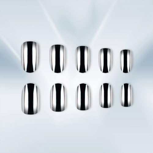 Silver Chrome Press On Nails Short Almond Fake Nails Silver Metallic Mirror Nails Press On