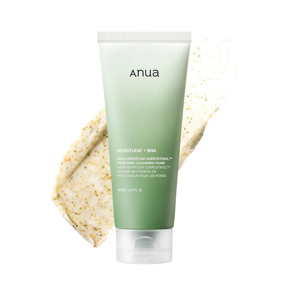 Green tube of anua pore deep cleaning foam with a scrub on a white background