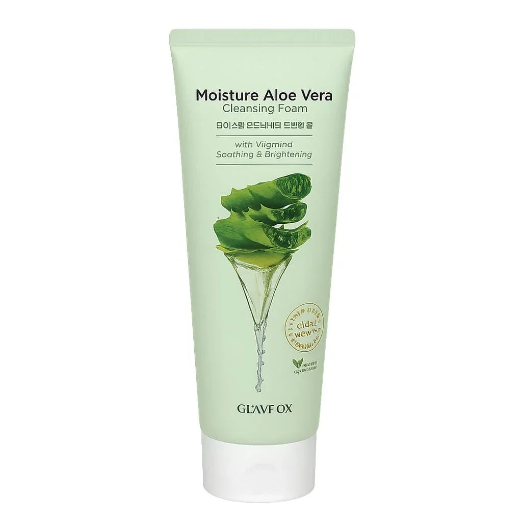 Tube of Moisture Aloe Vera Cleansing Foam with aloe vera illustration on a white background