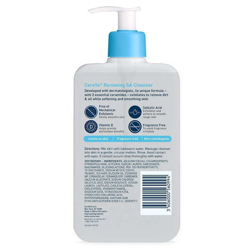 CeraVe Renewing SA Cleanser bottle with pump on a white background