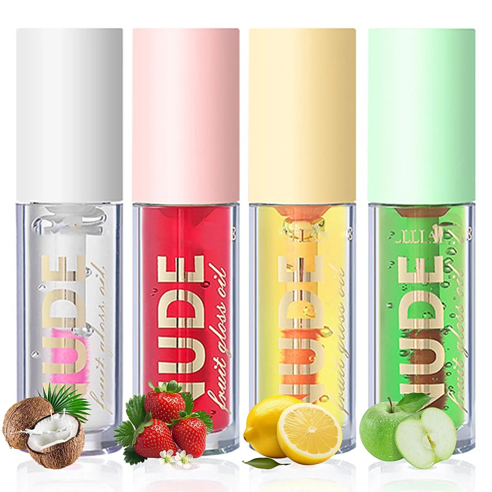 Qawnfy 4Pcs Fruit Color Changing Lip Gloss Lipstick Set, Coconut Strawberry Orange Apple