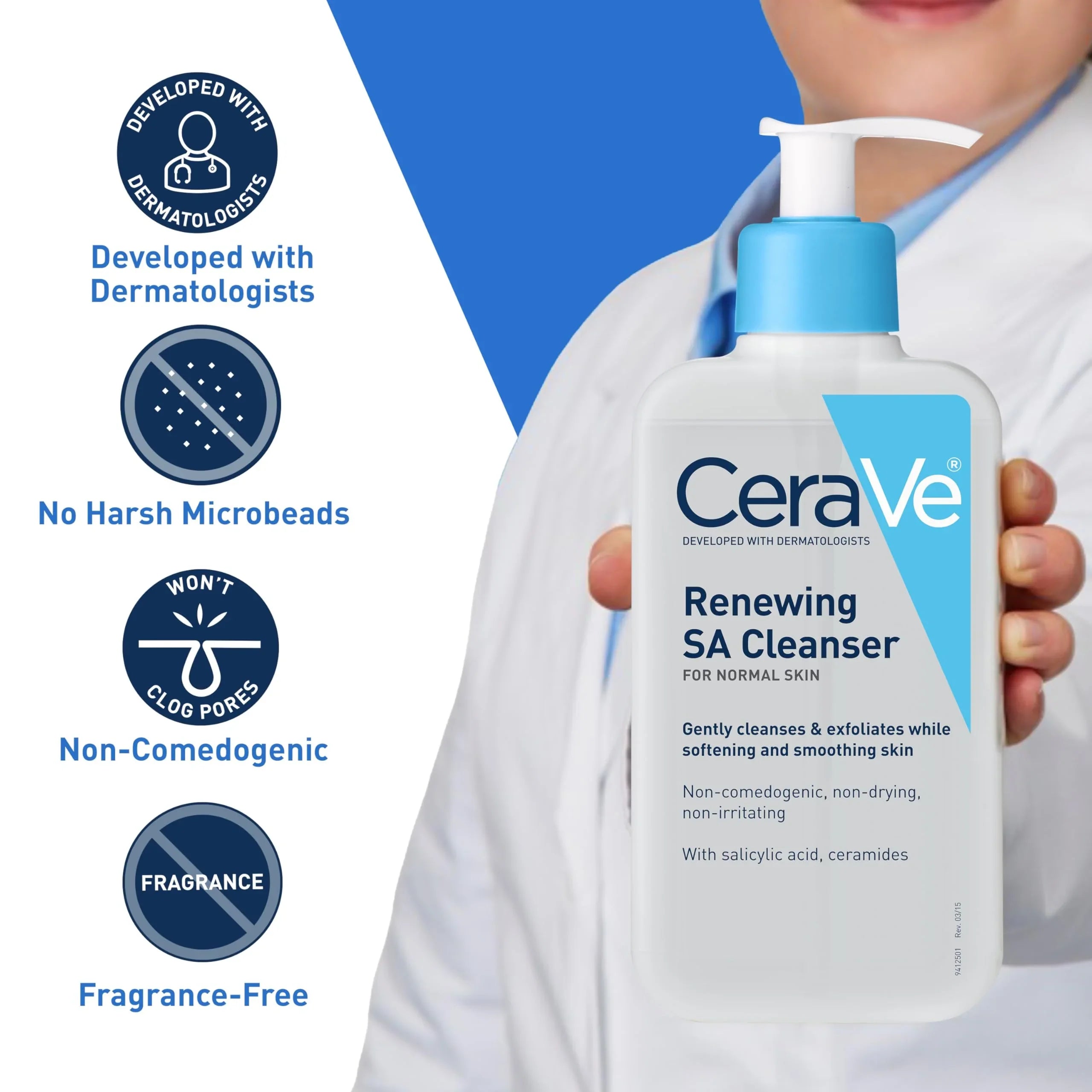 CeraVe Renewing SA Cleanser bottle held by a person with product features highlighted.