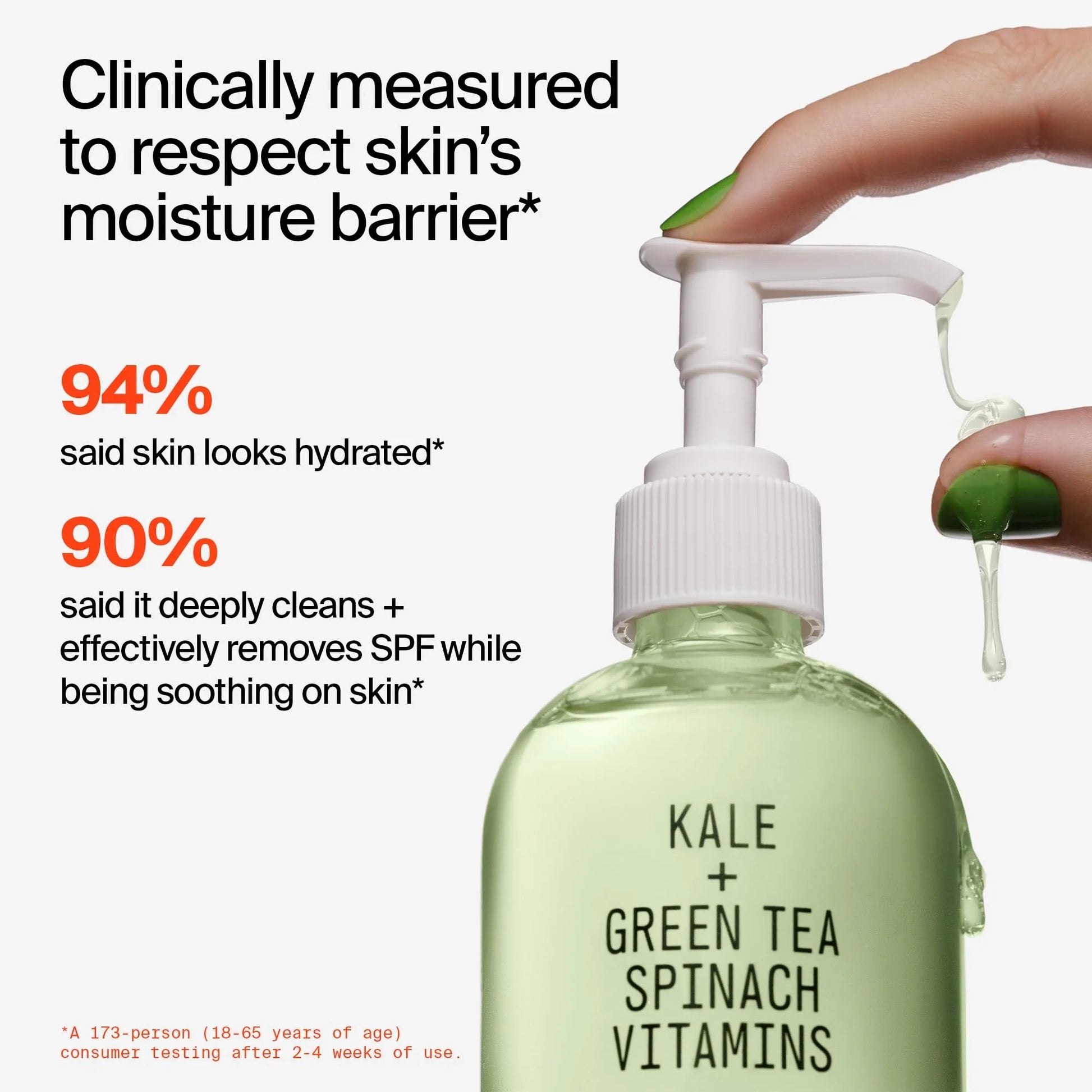 Bottle of skincare product with text highlighting skin benefits and clinical measurements.