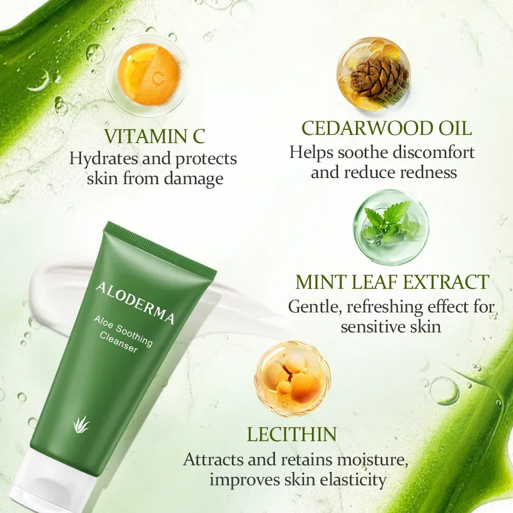Soothing Facial Cleanser with 76% Organic Aloe Vera - Natural Face Wash with Allantoin for Sensitive Skin - Nourishing, Moisturizing Aloe Vera Face Wash with Glycerin - Aloe Skin Cleanser