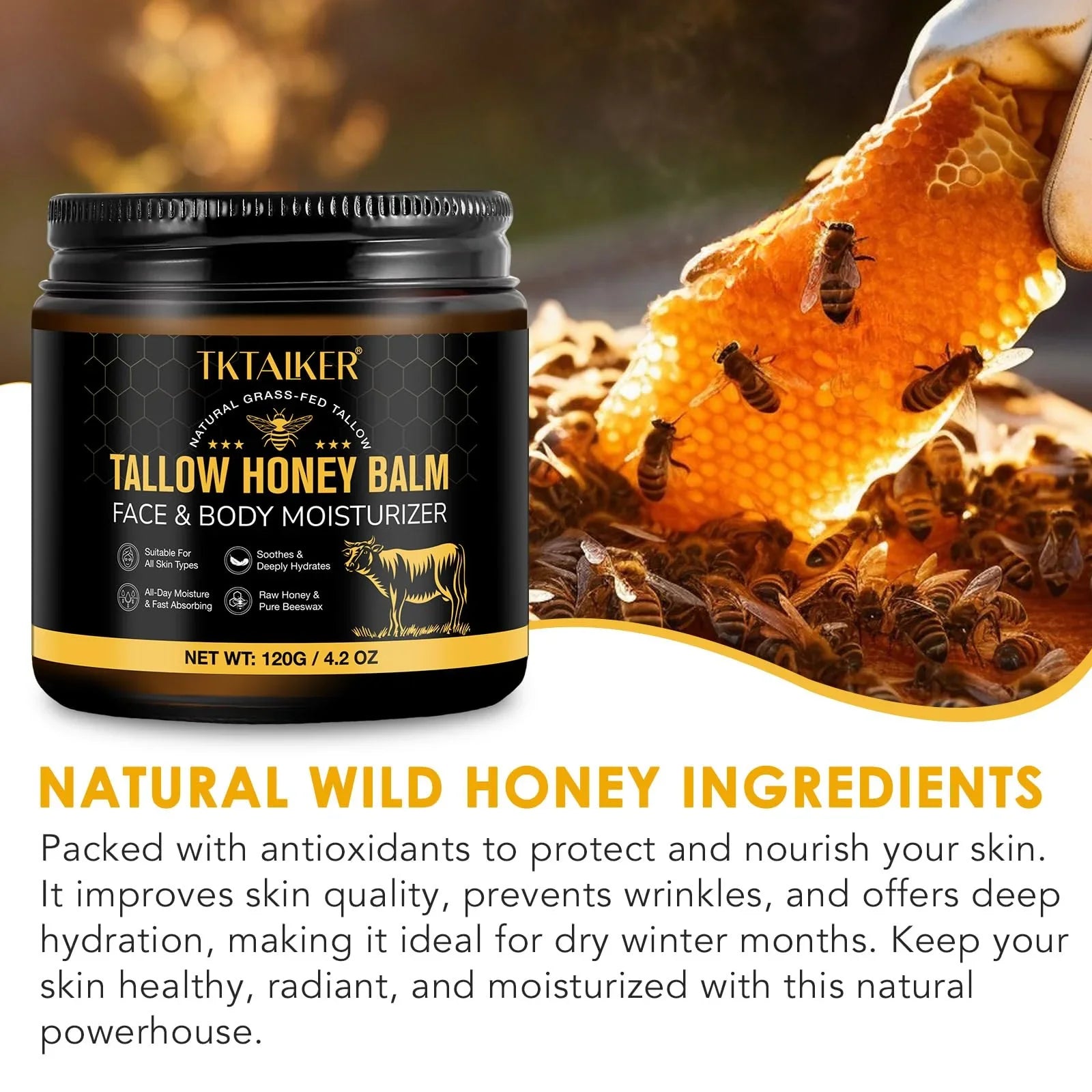 TKTALKER Hydrating Tallow Balm with Raw Honey and Beeswax