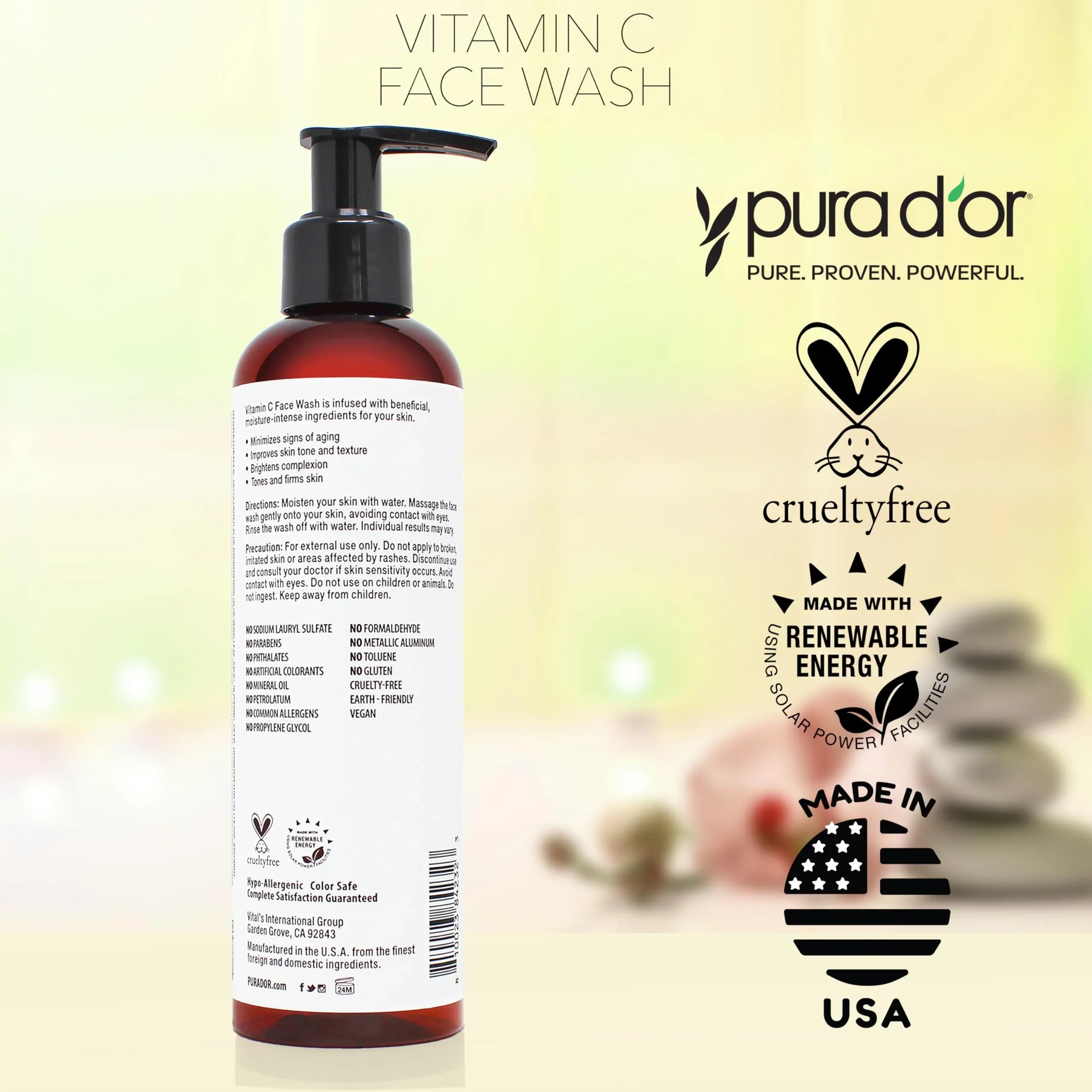 PURA D'OR 8 Oz Vitamin C Face Wash - All Skin Types