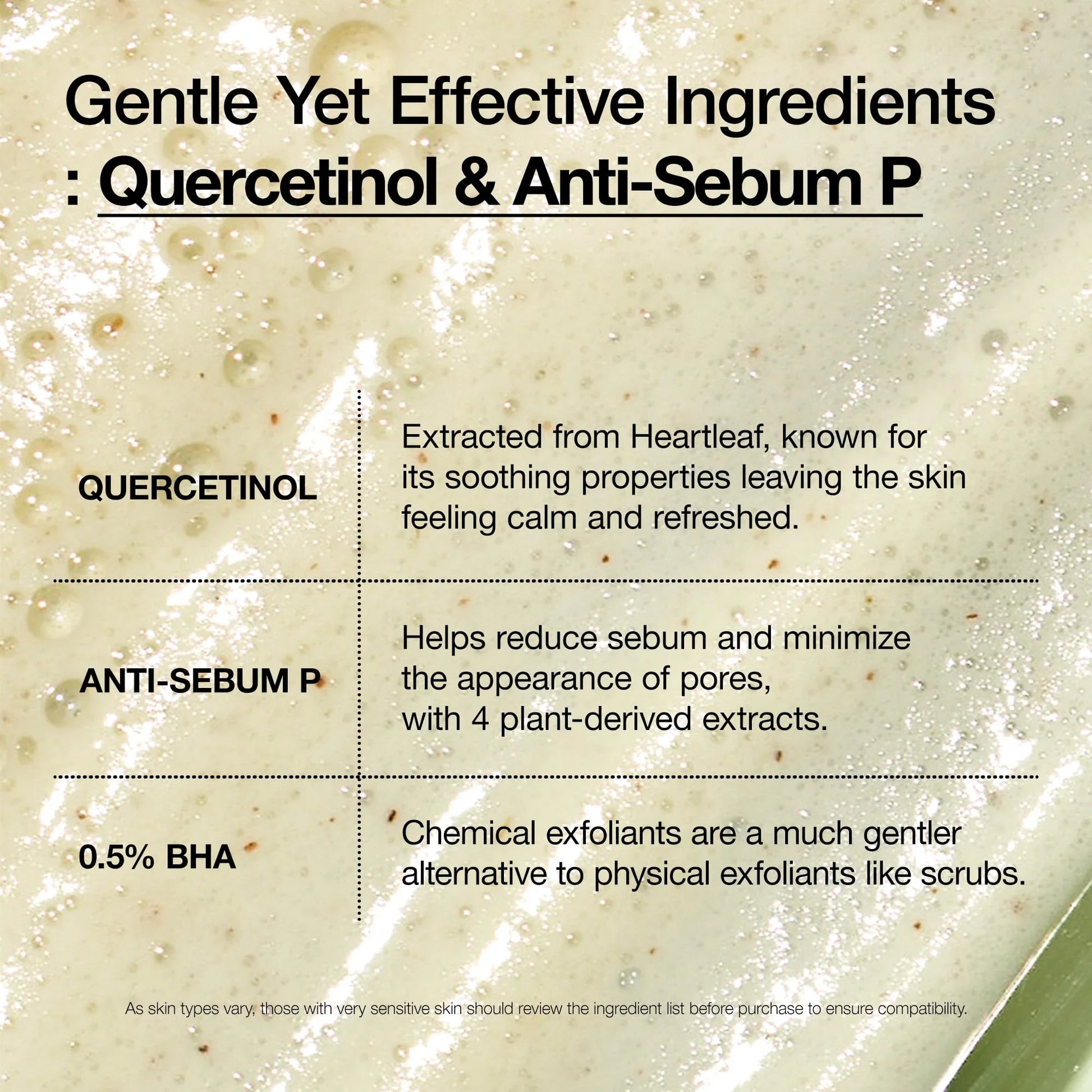 Product label with gentle yet effective ingredients including Quercetinol and Anti-Sebum P on a textured background.