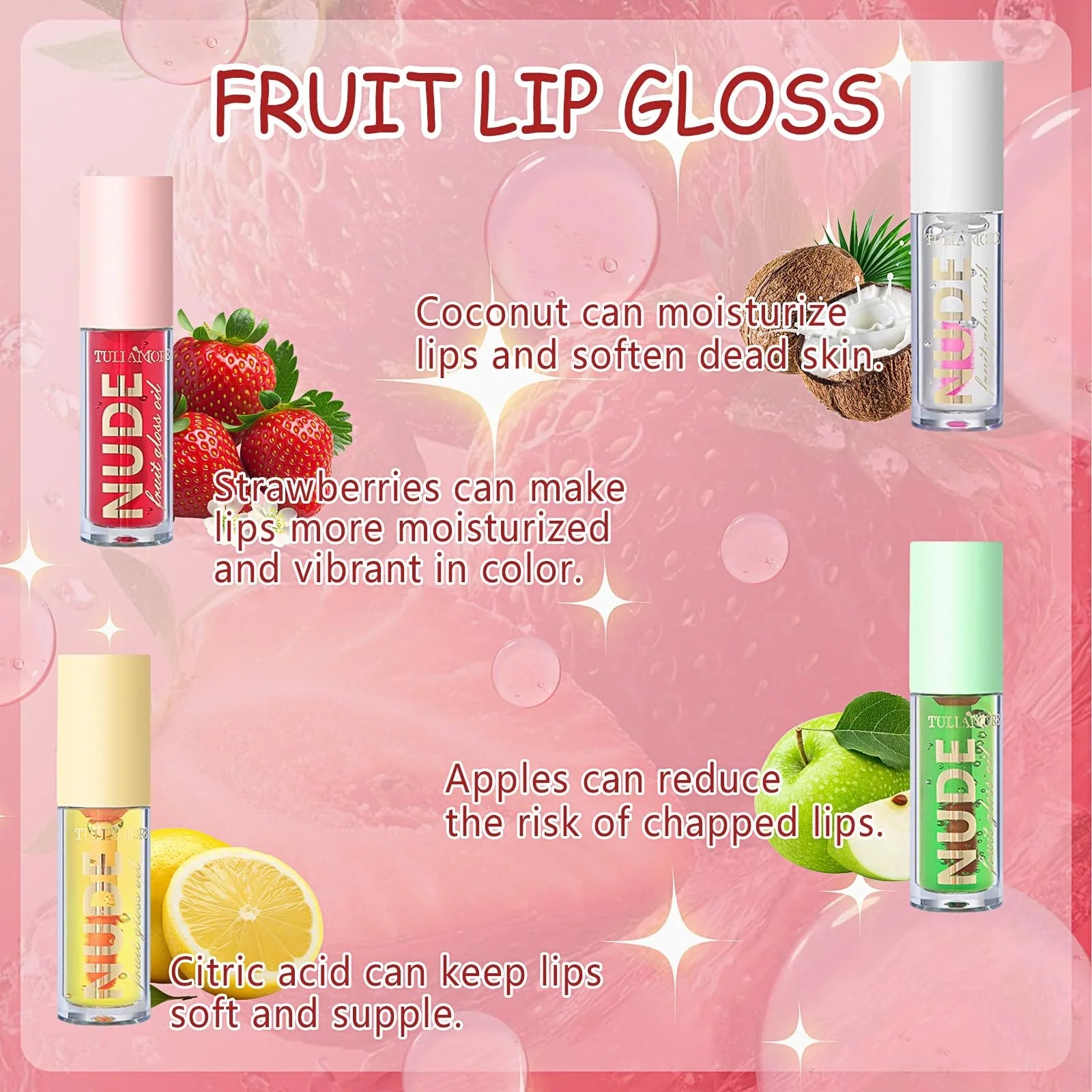 Qawnfy 4Pcs Fruit Color Changing Lip Gloss Lipstick Set, Coconut Strawberry Orange Apple