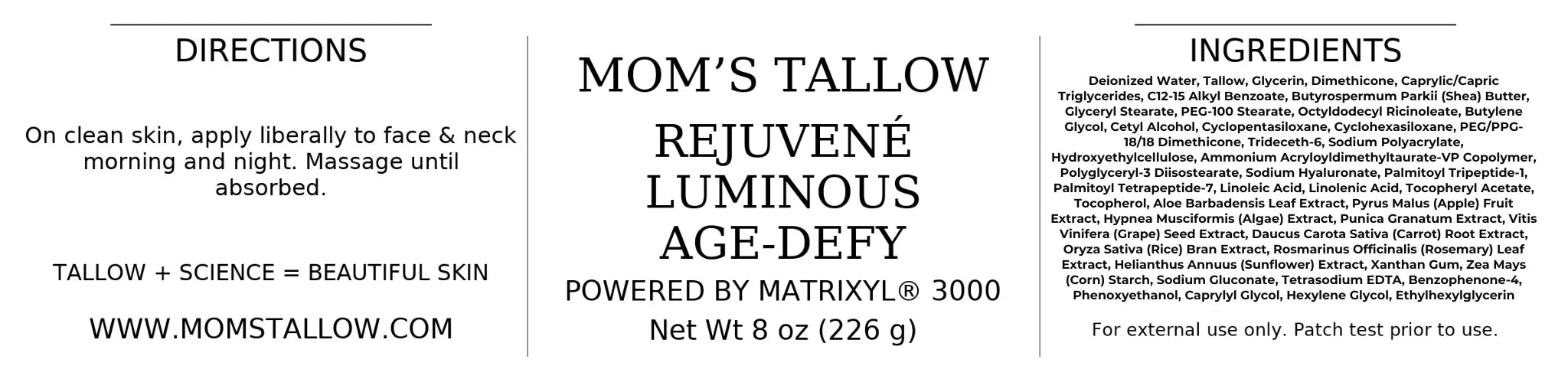 Mom’s Tallow Advanced Rejuvené Luminous Age-Defy Face/Neck Cream: Featuring Matrixyl® 3000 (+ Free 4oz Deep Firming Serum)
