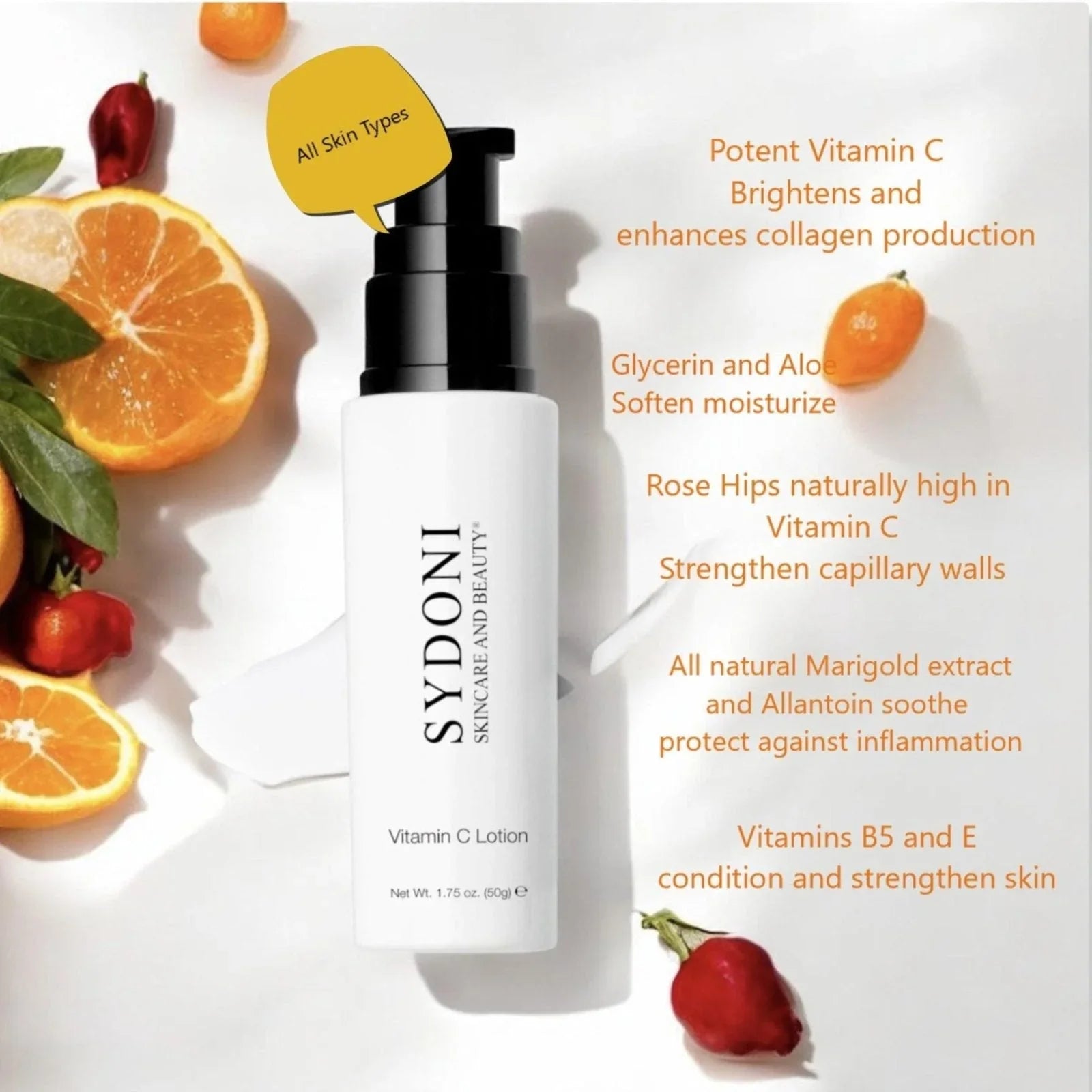 Sydoni VITAMIN C BRIGHTENING LOTION | Smooth, Nourish & Glow 1.75 OZ. PUMP BOTTLE