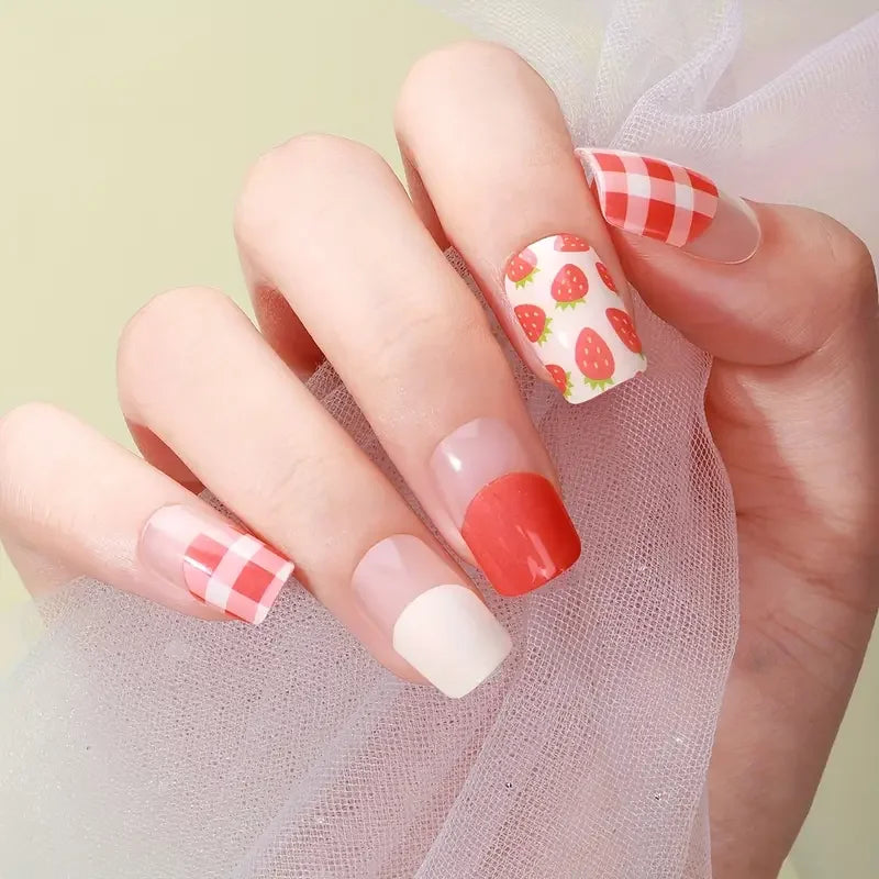 Candied Nails Strawberry Gingham Gel Nails