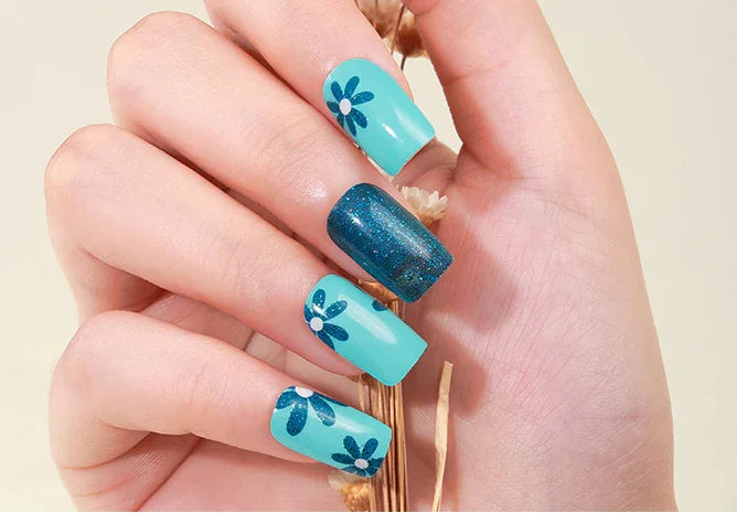 Candied Nails Blue Floral Gel Nails