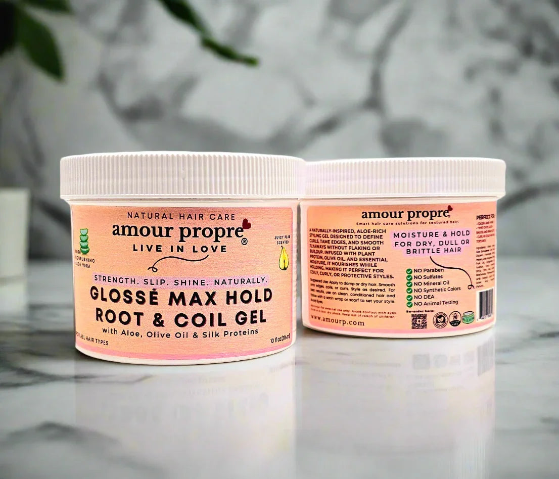 Amour Propre® Glossé Max Hold Root & Coil Gel
with Aloe, Olive Oil & Silk Proteins
