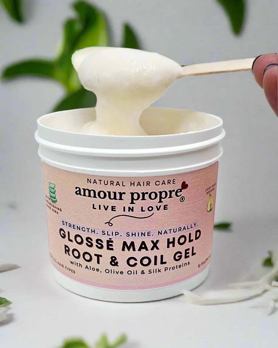 Amour Propre® Glossé Max Hold Root & Coil Gel
with Aloe, Olive Oil & Silk Proteins