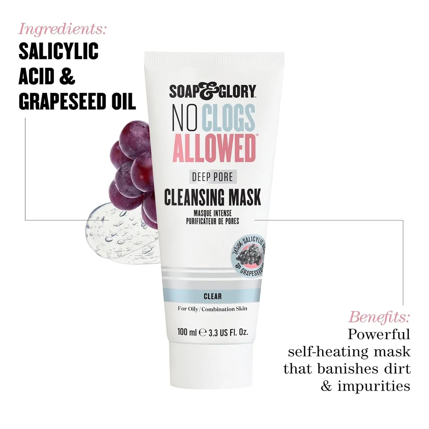 Soap & Glory No Clogs Allowed Deep Pore Cleansing Mask - Self Heating Pore Mask for Dirt & Impurities - Purifying Salicylic Acid, Grapeseed Oil Face Scrub Treatment - Pore Cleanser Face Mask (100Ml)