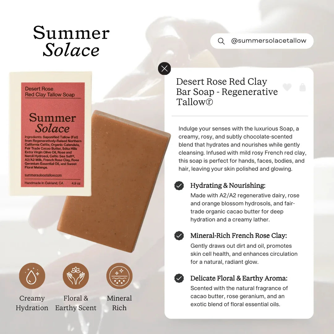 Summer Solace Tallow Desert Rose – Red Clay Bar Soap | Floral & Cacao Butter Infused
