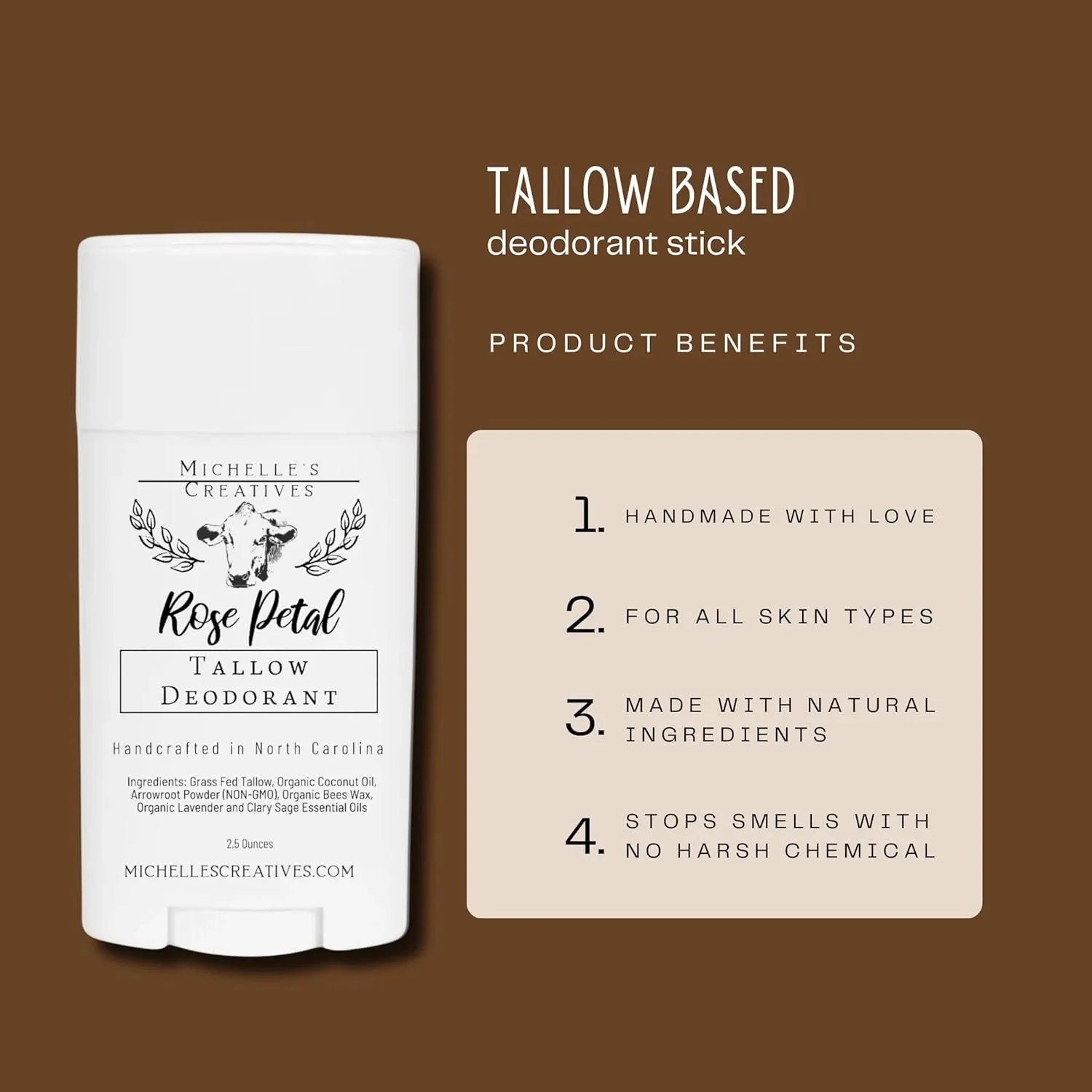Michelle's Creatives Handmade Tallow Based Deodorant Stick - Handmade with Love and Made with Natural Ingredients - Rose Pearl Deodorant - Natural Deodorant Made with Grass Fed Tallow Organic
