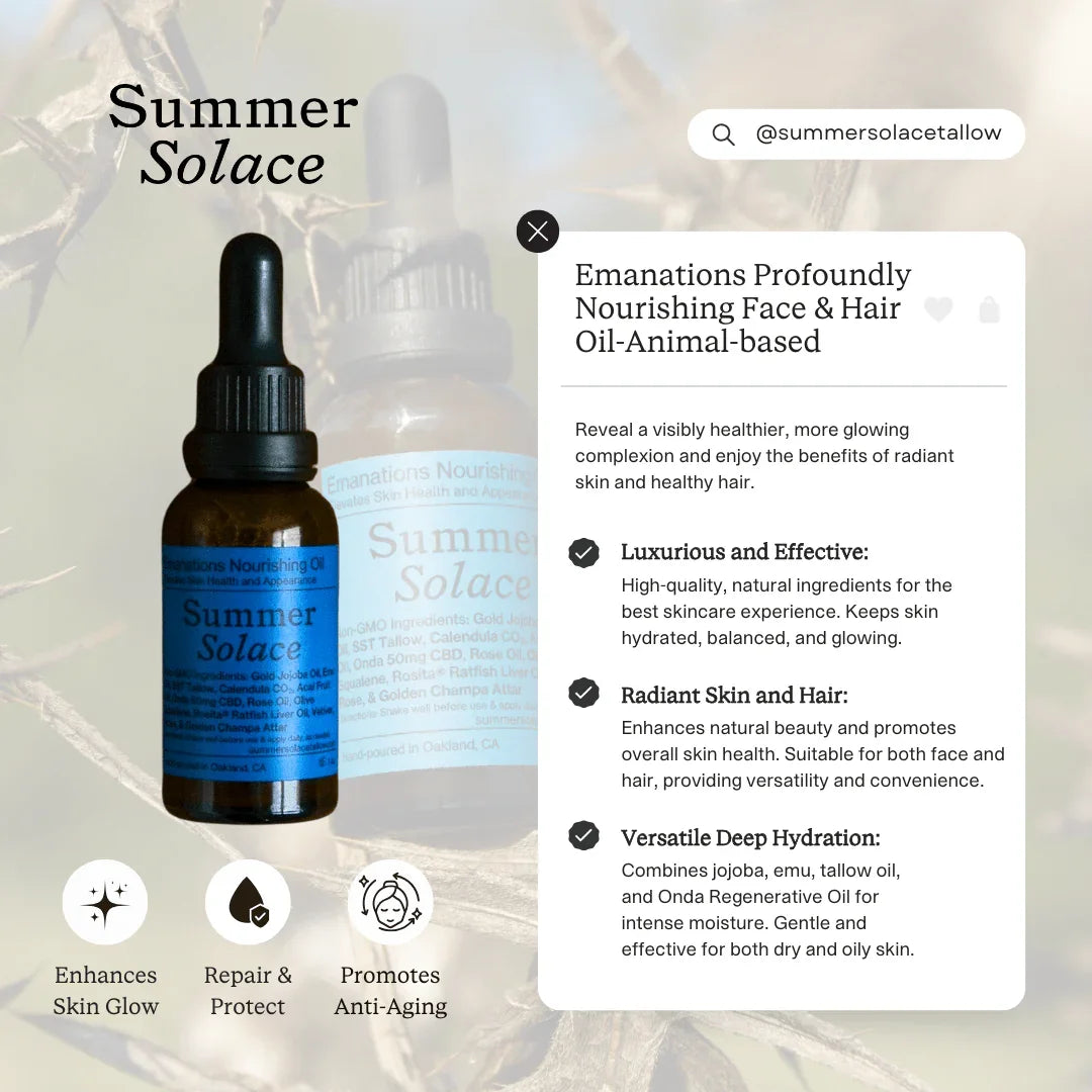 Summer Solace Tallow Emanations Profound Face Oil – Deeply Nourishing Tallow, Emu Oil, Champa, Tuberose & White Ginger Lily